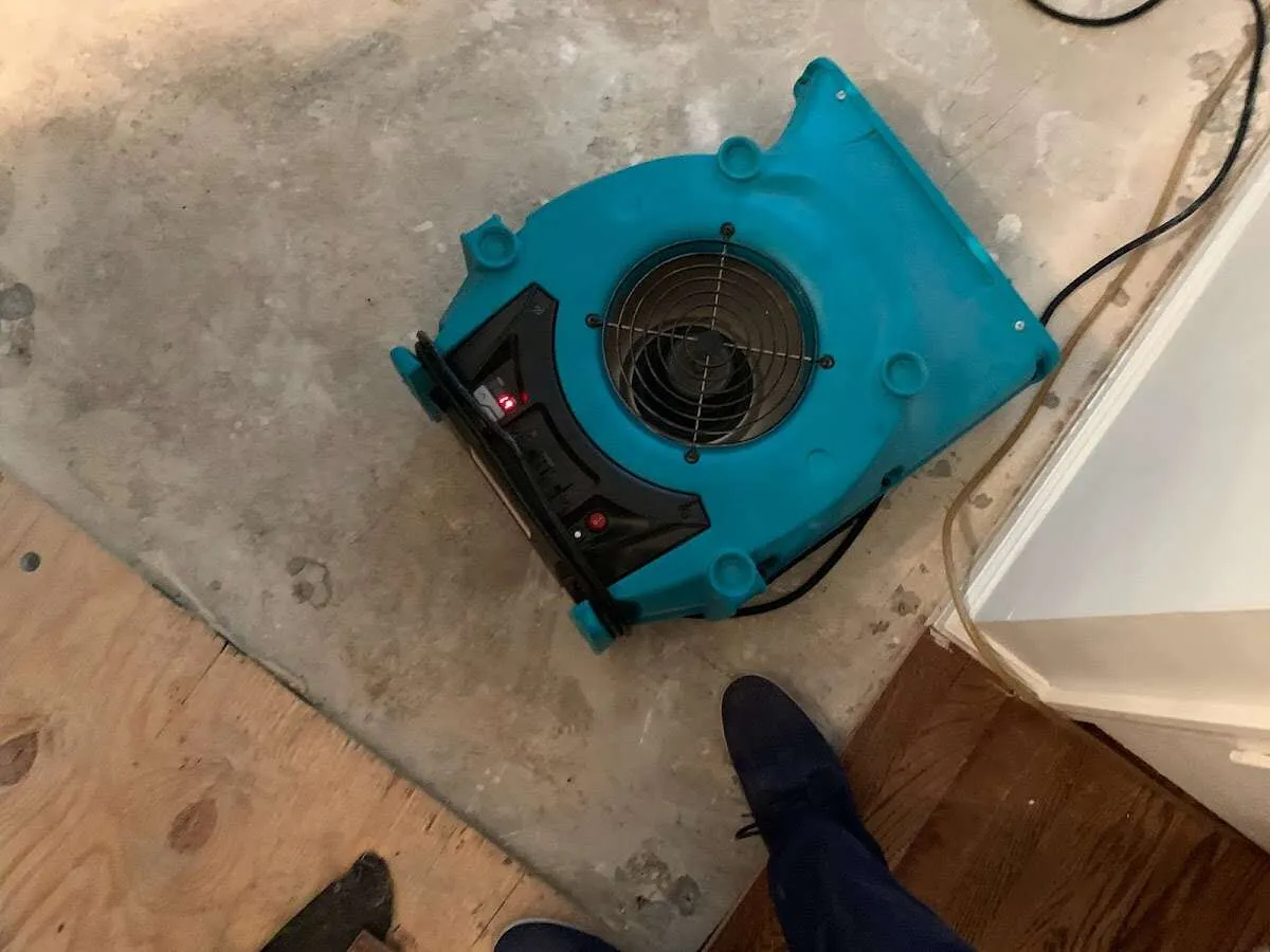 Air mover drying subfloor during Leak Detection & Repair in Presque Isle